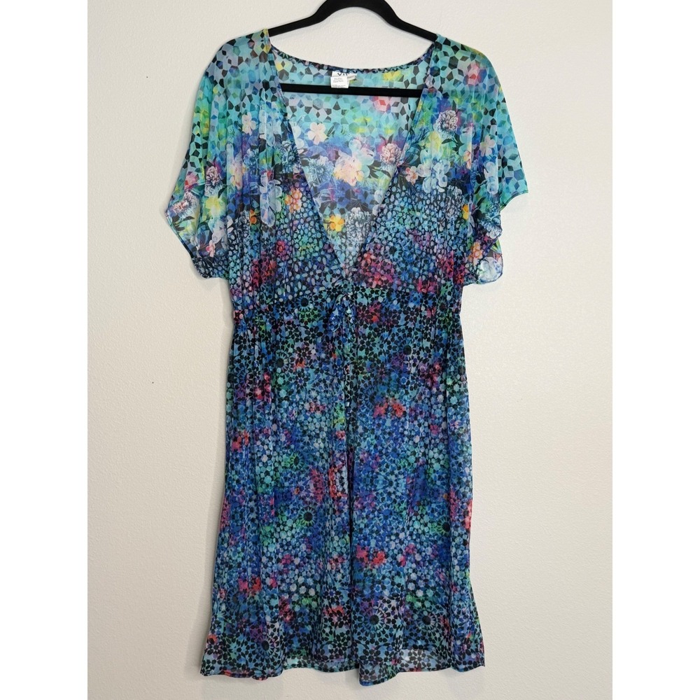 Profile by Gottex Blue Floral Geometric Mesh Swim Cover Up Dress Large